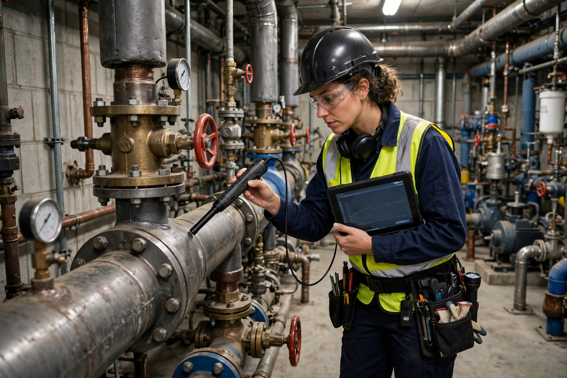 Ultrasonic leak detector scanning commercial mechanical equipment in Santa Fe NM